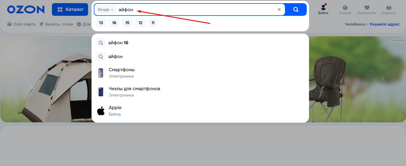 Поиск на сайте Ozon