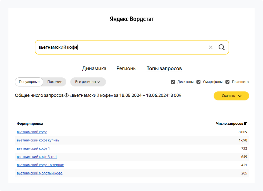 Пример запроса в Яндекс Вордстат