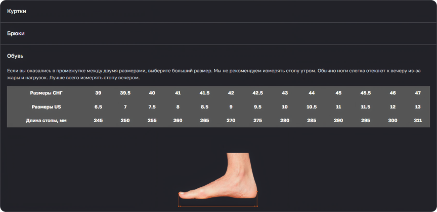 Таблицы размеров