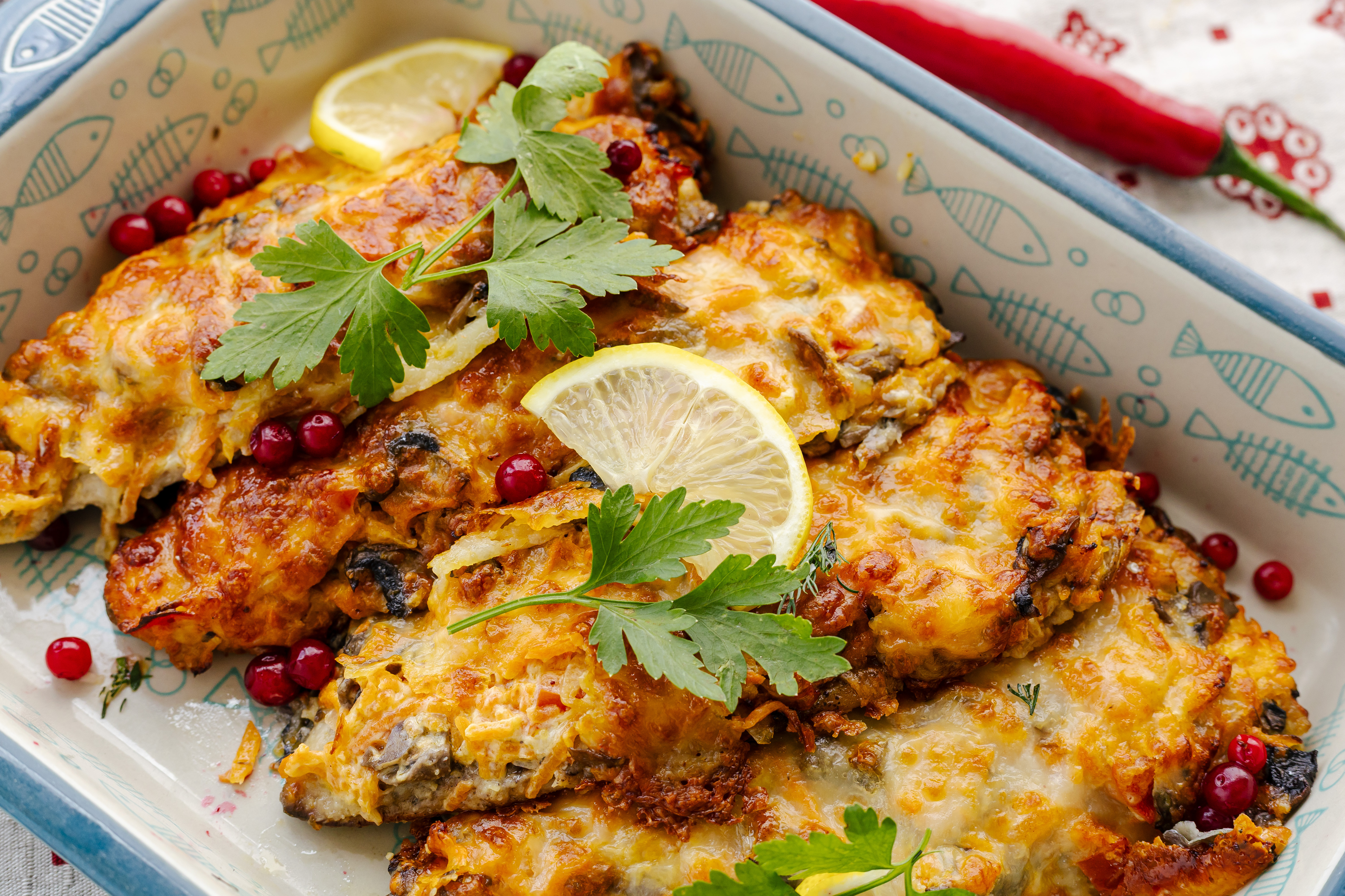 Скумбрия запеченная с грибами