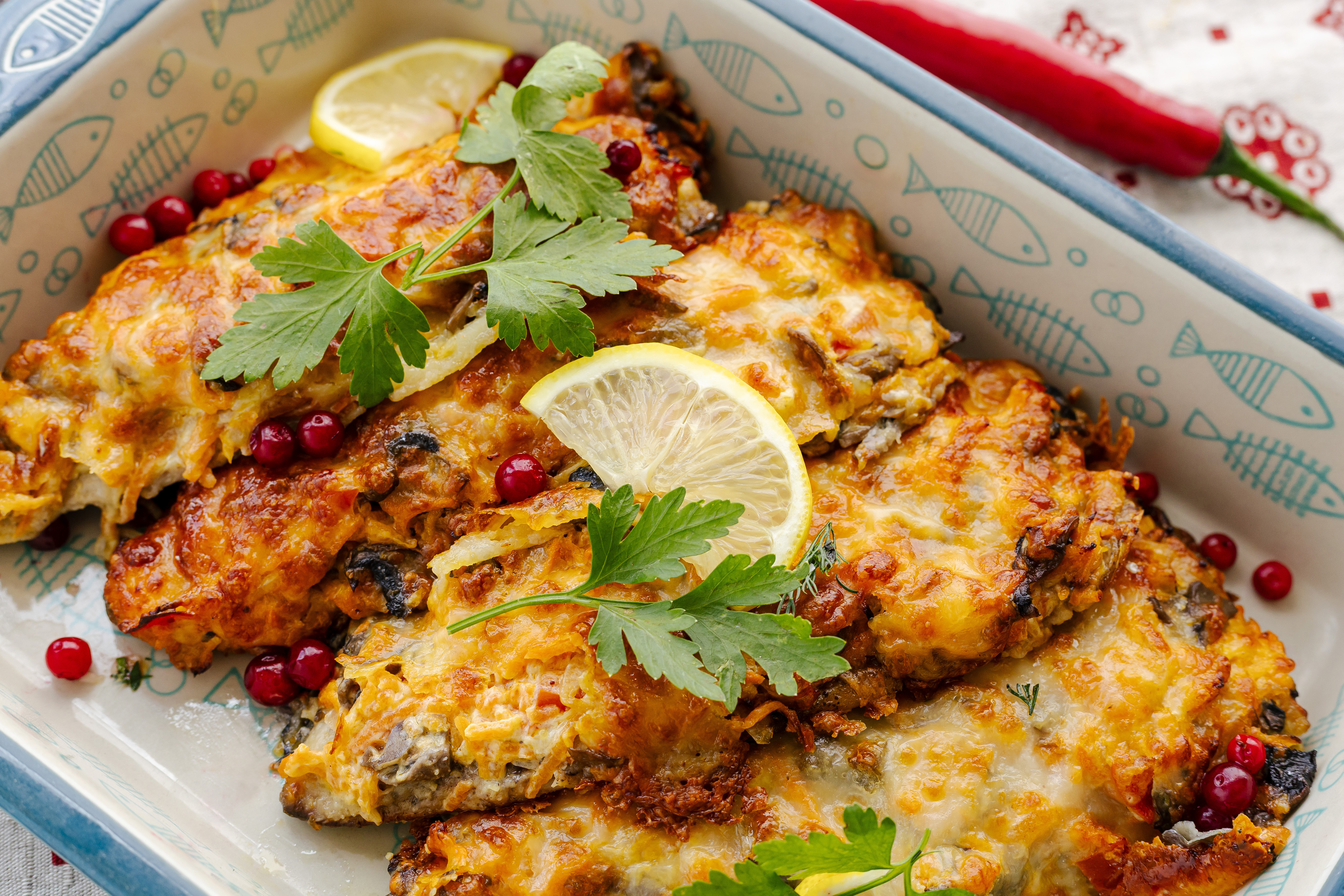 Скумбрия запеченная с грибами