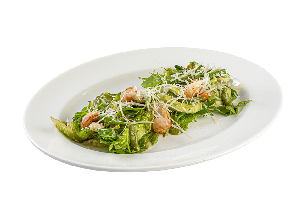 Салат с креветками, авокадо и песто