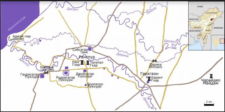 Рис. 1. Карта окрестностей Сибсагара с обозначением трех столиц: поздней в Рангпуре, средней в Гархгаоне и ранней в Чарайдео