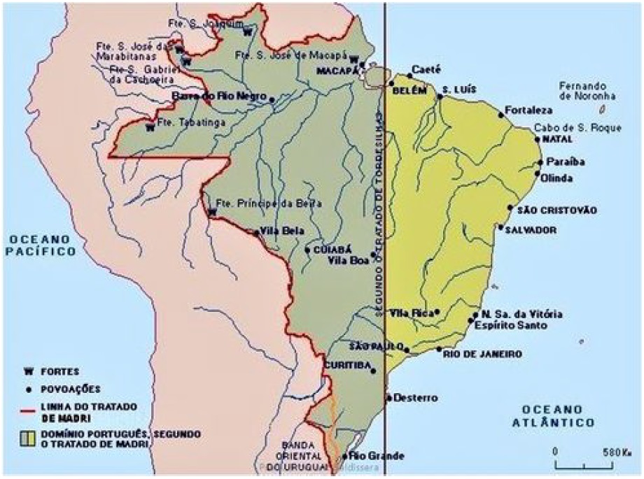 Илл. 2. Карта-схема расположения линии раздела колониальных владений Испании и Португалии в Южной Америке, образовавшейся в результате реализации Мадридского договора 1750 г.
