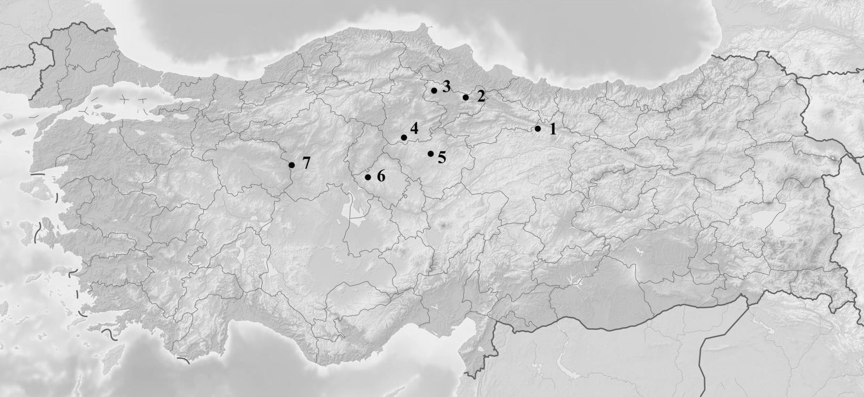 Рис. 1. Карта распространения находок кочевнического облика VII–VI вв. до н.э. в Цен-тральной Анатолии: 1 – ил Сивас; 2 – Амасья; 3 – Имирлер; 4 – Богазкёй; 5 – Керкенес Даг; 6 – Каман-Калехёюк; 7 – Гордион. Fig. 1. Distribution map of nomadic type artifacts of the 7th–6th centuries BC in Central Anatolia: 1 – Sivas İl; 2 – Amasya; 3 – Imirler; 4 – Boğazköy; 5 – Kerkenez Dağ; 6 – Kaman-Kalehöyük; 7 – Gordion. 