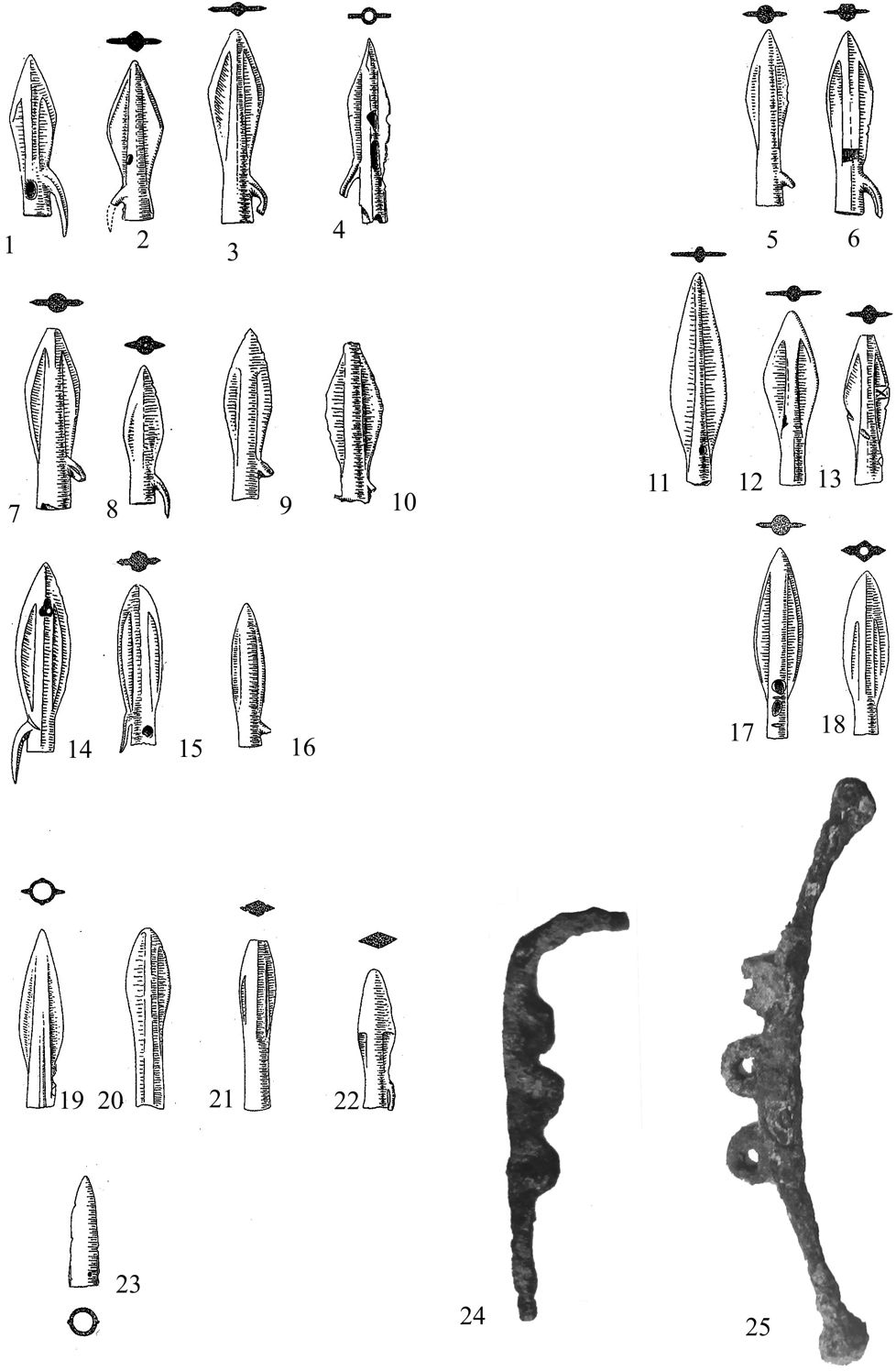 Рис. 7. Бронзовые втульчатые наконечники стрел (1–23) и железные трехпетельчатые пса-лии (24–25) из Богазкёя [Boehmer, 1972, Taf. 30; 58].  Fig. 7. Bronze socketed arrowheads (1–23) and iron three-looped cheekpieces (24–25) from the Boğazköy: [Boehmer, 1972, Taf. 30; 58].