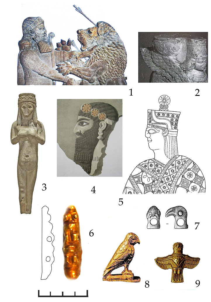  Рис. 3. 1 – рельеф Ашшурбанипала, Ниневия (по: Reade, 1994); 2 – база колонны из Ниневии, VII в. до н.э. (по: Reade, 1994); 3 – статуэтка из слоновой кости из Топрах-Кале (по: Assyria to Iberia, 2014); 4 – голова гения, Нимруд, около 865 г. до н.э. (по: Reade 1994); 5 – рельеф из Адильдживаза (по: Akurgal, 2001); 6 – нашивная бляшка, Новозаведенное-II курган № 3; 7 – бронзовая пронизь, Британский музей (по: Махортых, 2018); 8, 9 – золотые вотивные фигурки, храм Артемиды Эфесской (по: Das Artemision von Ephesos, 2008). Fig. 3. 1 – relief of Ashurbanipal, Nineveh (by Reade, 1994); 2 – base of the column from Nineveh, VII BC (by Reade, 1994); 3 – ivory figurine from Toprakh-Kale (after Assyria to Iberia, 2014); 4 – head of a genius, Nimrud, circa 865 BC (by Reade, 1994); 5 – relief from Adiljivaz (by Akurgal, 2001); 6 – sewn-on plaque, Novozavedennoye-II barrow No. 3; 7 – bronze thread, British Museum (by Makhortykh, 2018); 8, 9 – golden votive figurines, temple of Artemis of Ephesus (after Das Artemision von Ephesos, 2008).