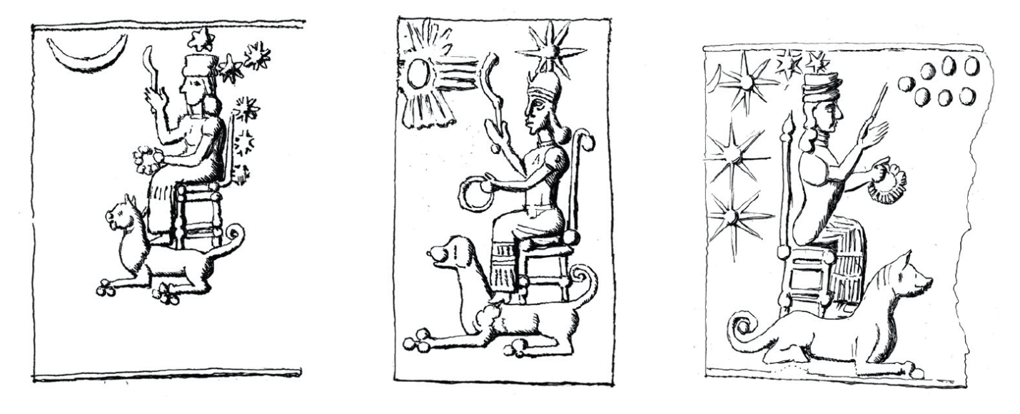  Рис. 1. Гула на троне и ее собака на новоассирийских печатях (прорисовка по: Collon. Catalogue of the Western Asiatic Seals in the British Museum: Cylinder Seals V… No. 232, 233, 234, см. также Kurtik. muluz3, mul dGula, and the Early History… Fig. 2-4)
