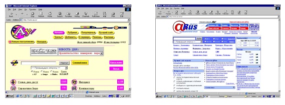 Скриншоты «АУ!» (1998) и его новой ипостаси @Rus (1999)