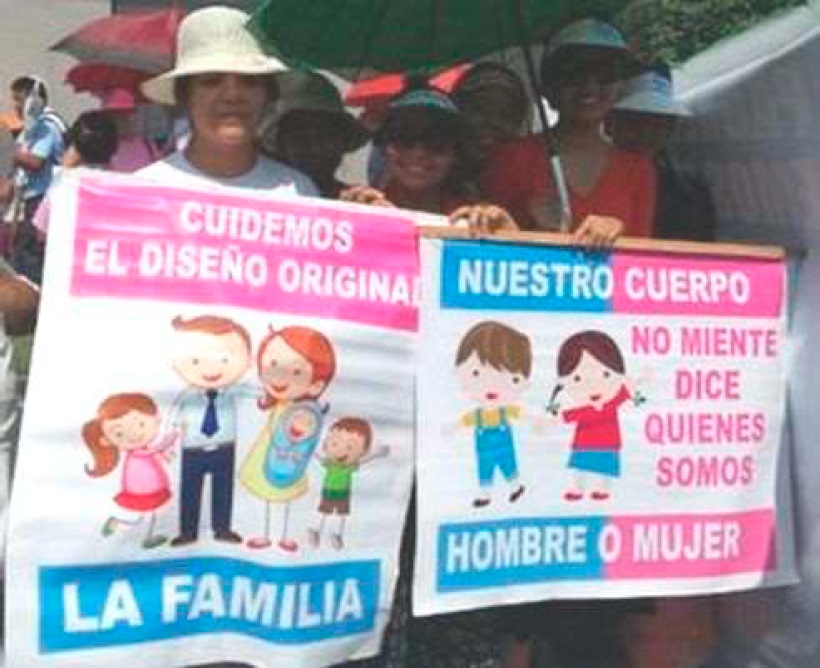 Марш движения Con mis hijos no te metas в Перу. Надписи на плакатах: «Сохраним оригинальный образ жизни», «Наше тело не лжет. Оно говорит нам, кто мы — мужчины или женщины»