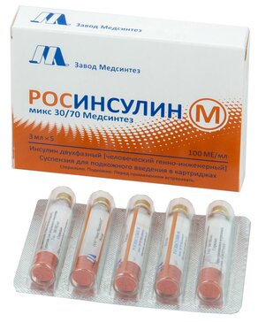 Росинсулин м микс 30.70 суспензия для и.п.к 100 ме.мл 3 мл 5 шт
